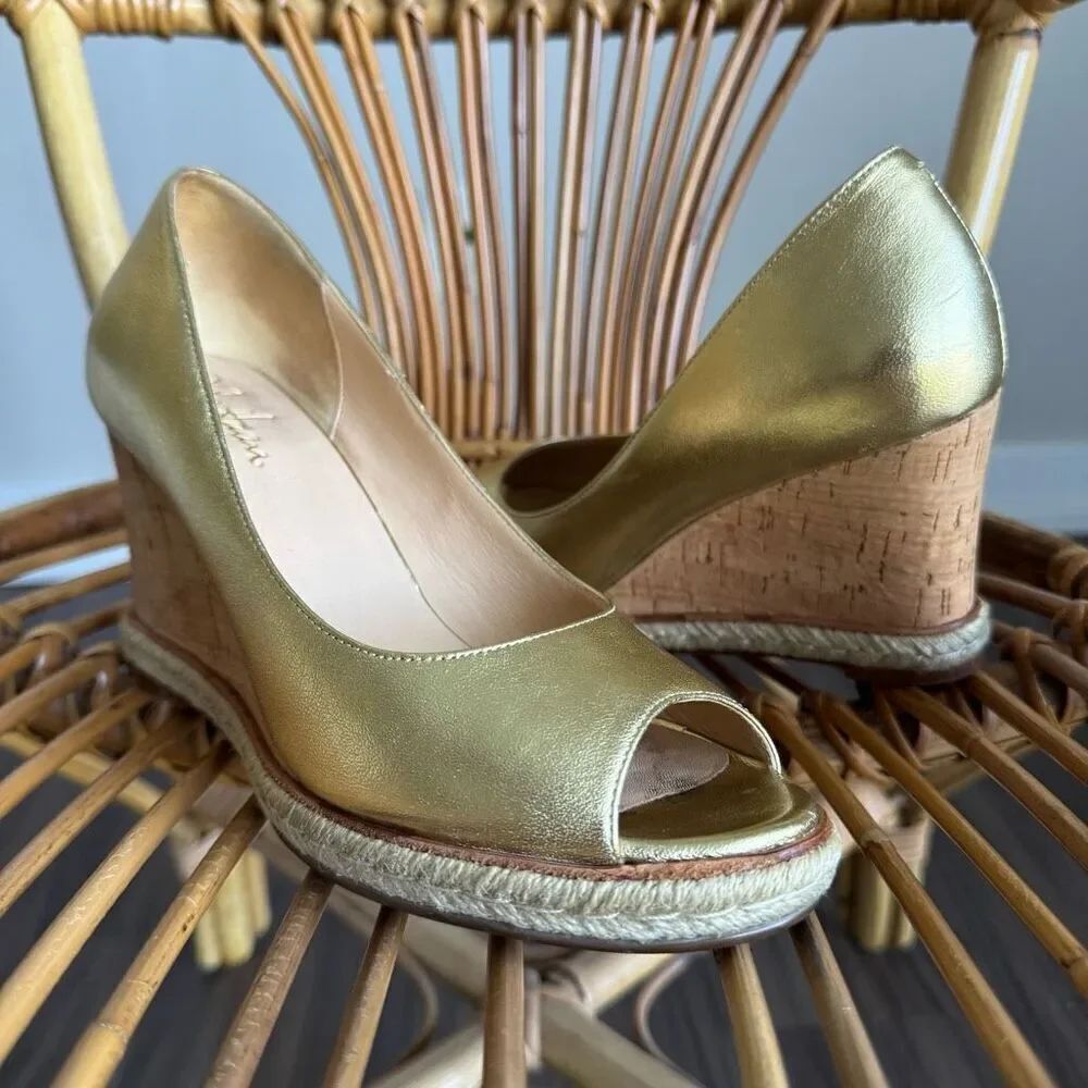 Cole Haan Gold Metallic Peep Toe Wedges With Cork Wedge Heel